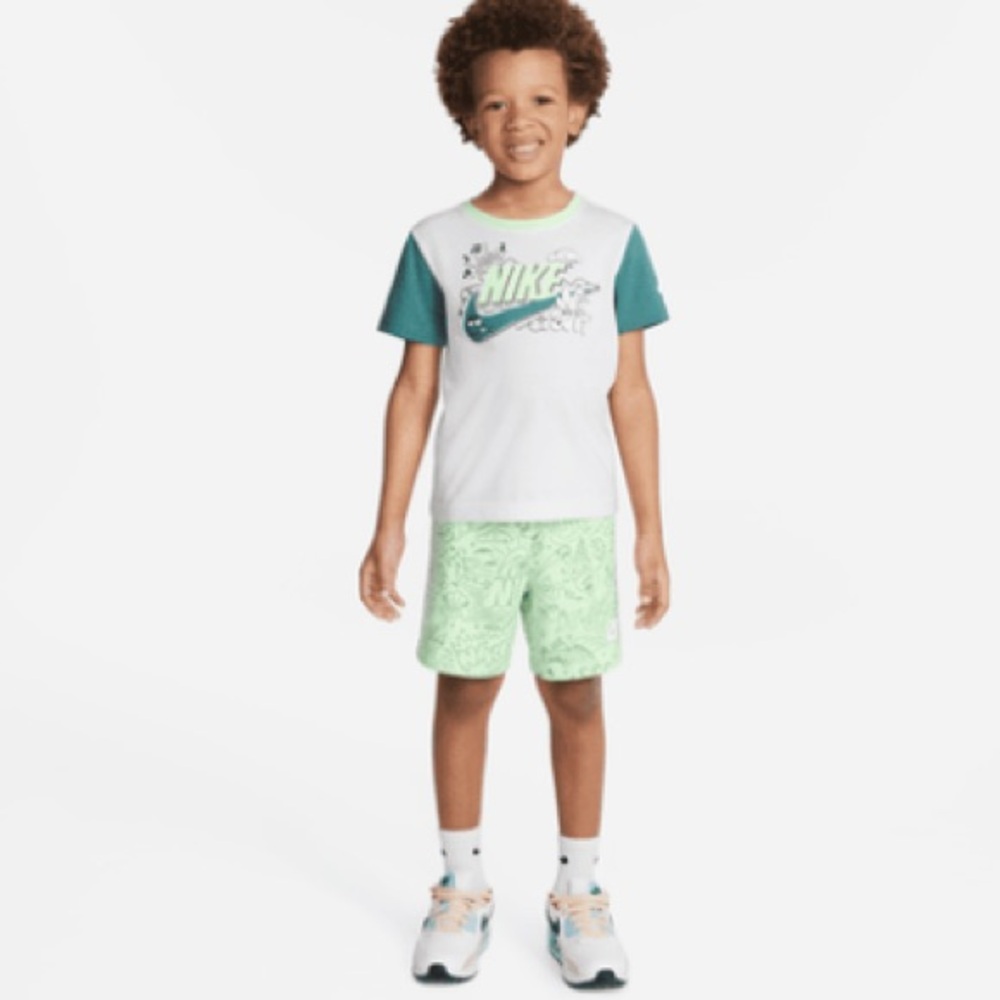 Nike Kids' White and Green Graphic Tee with Shorts